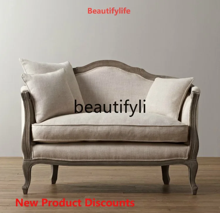 X188 American Country retro Solid Wood Sofa french Villa Solid Wood Linen casual Chair Classical Furniture LT