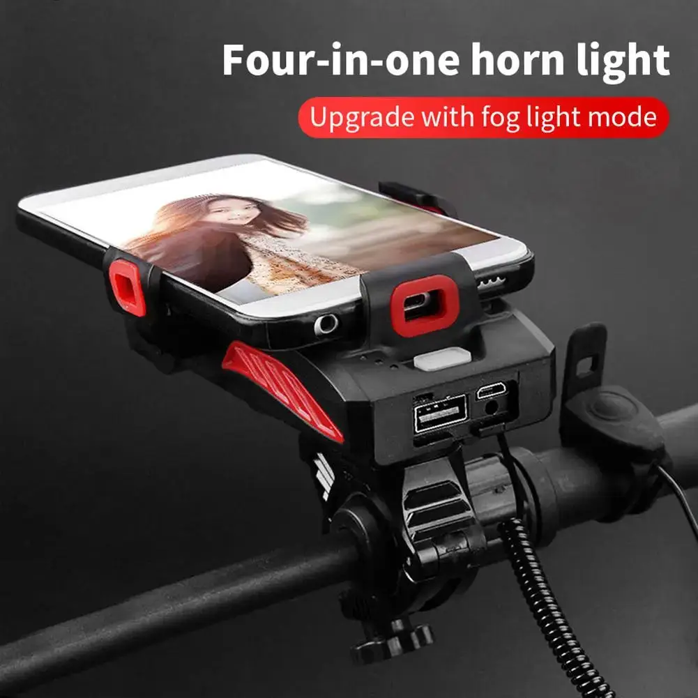 4-in-1 Bicycle Headlight Mobile Phone Holder Horn 5 Mode USB Charging Highlight Cycling Front Light