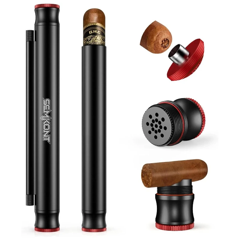 5 in 1 Cigar Tube, Portable Cigar Storage Tube Built in Humidifier, With Dual Cigar Punch, Needle, Holder, Drawer Enhancer
