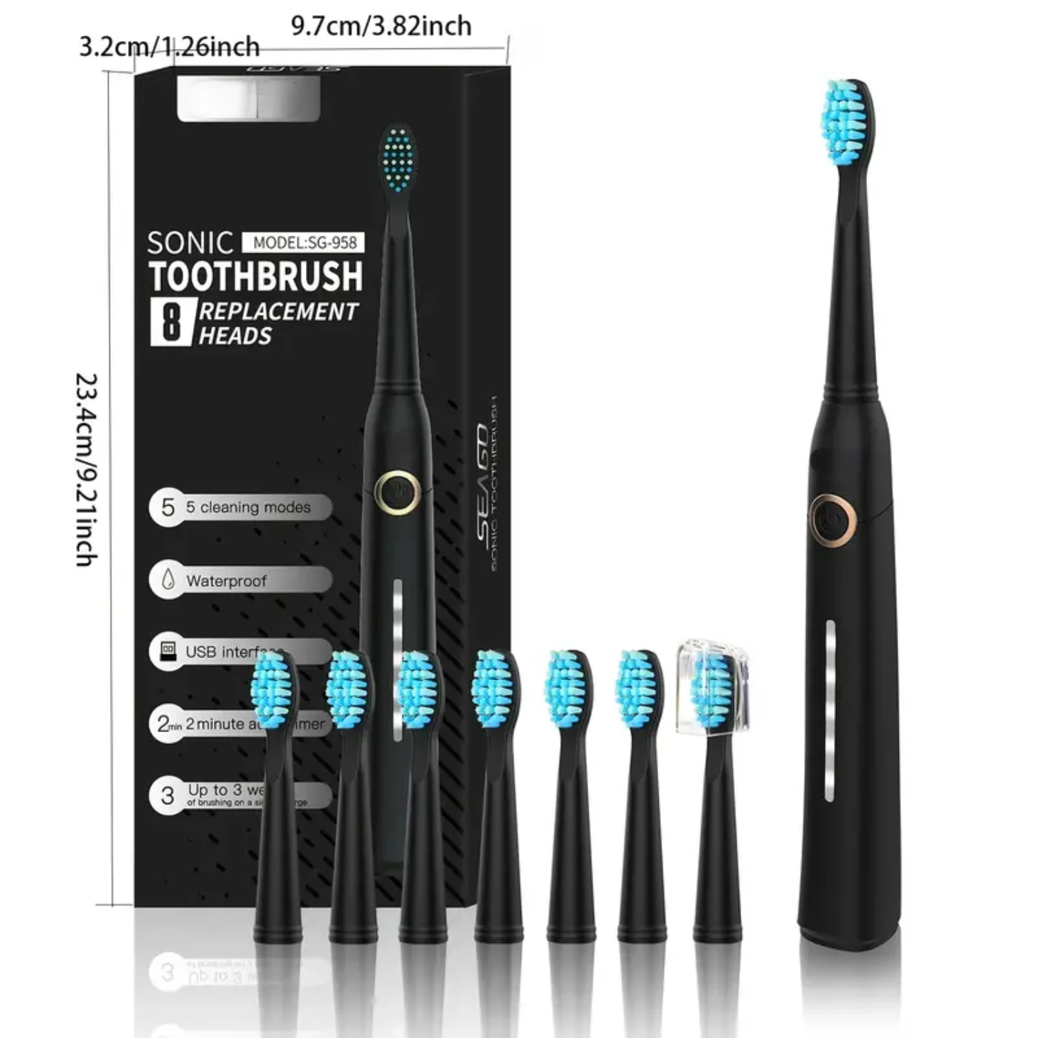 

Long-lasting Black Seago Sonic Electric Toothbrush for Adults and Kids - Rechargeable with 8 Brush Heads, 5 Modes & Smart Timer