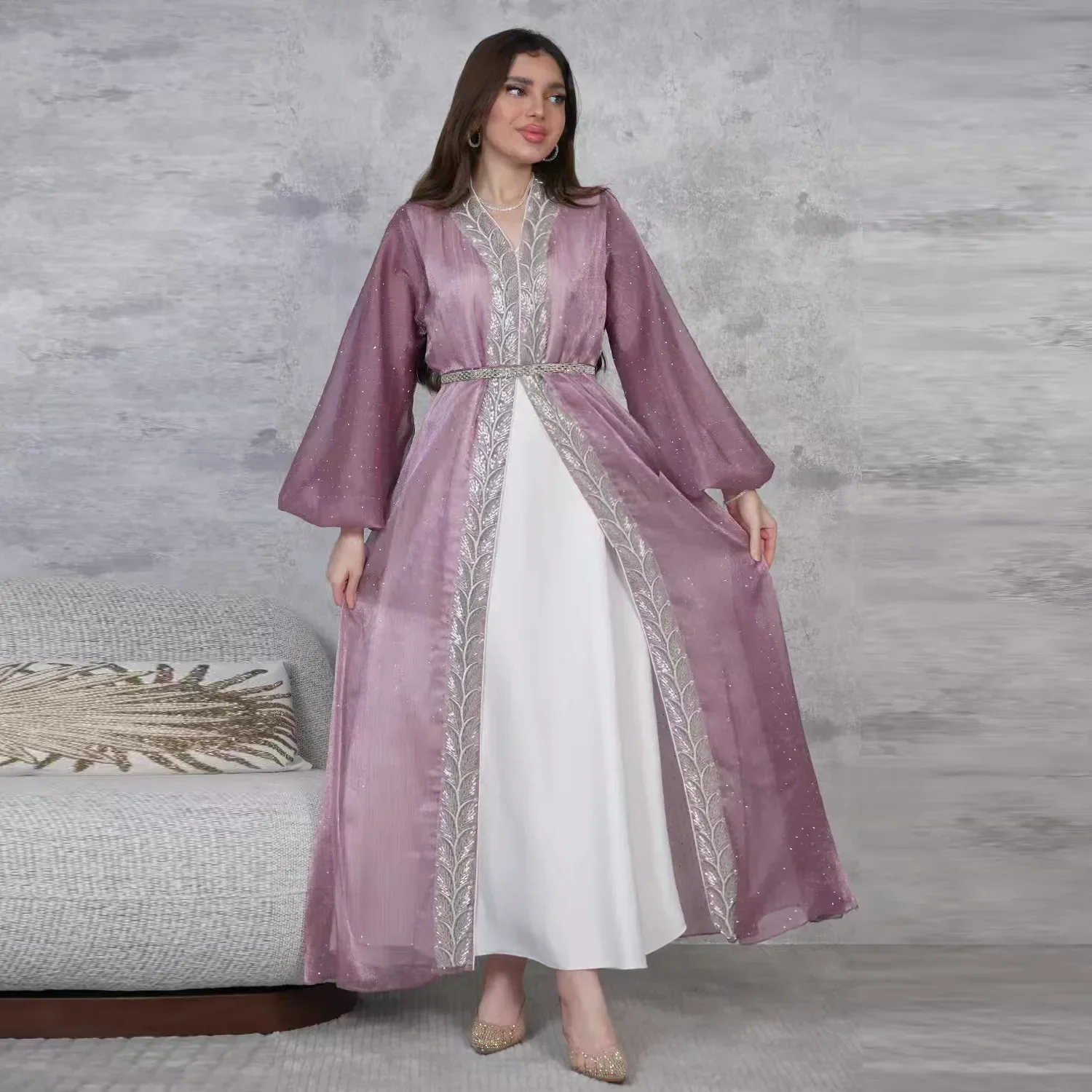 Neue muslimische Sets für Frauen Maxikleid Kimono Jalabiya 2-teiliges Dubai Abaya Kaftan Türkei Satin Diamanten Abendkleid Kebaya Abayas