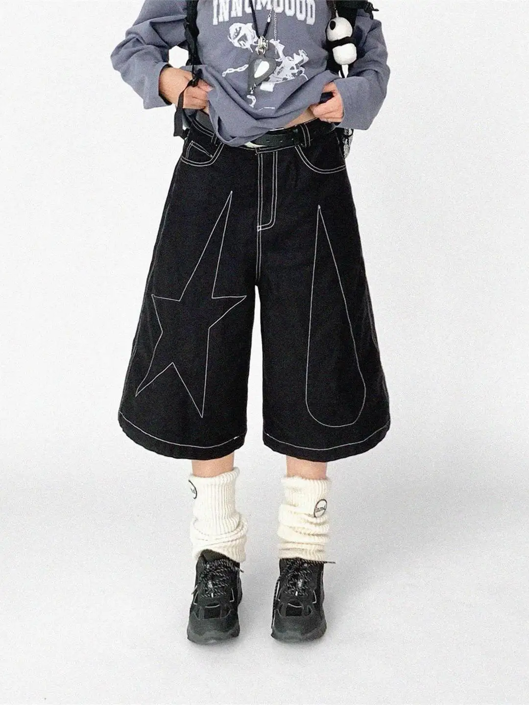 Calça Jeans Unissex Estilo Americano Retrô Lavado, Perna Larga, Comprimento 7/8, Corte Solto, Efeito Emagrecedor, Estilo Urba...