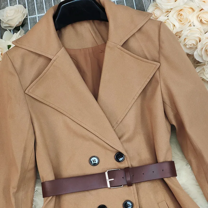 

Autumn Fashion Lapel Collar Midi Cardigans Winter Women Casual Long Sleeve Pockets Coats Elegant Double breasted Solid Jackets