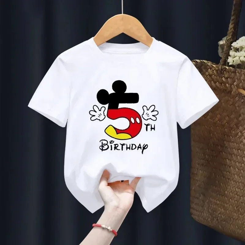 Disney Mickey Mouse Children T Shirt 2-14 Birthday Number Cotton T-shirt Birthday Gift Clothes Baby Letter Top Summer Kid Tshirt