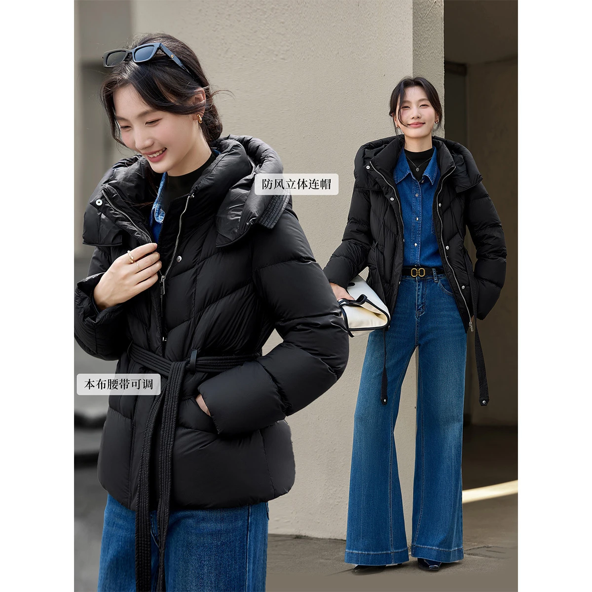 Vimly レディース ブラック パファージャケット 2025 冬 スタンドフード付き襟 暖かい 防風 ルーズフィット 美しいカジュアルダウンコート 50860