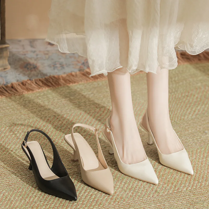 

Black Sandal For Female Summer 6cm Luxury Microfiber Leather Ankle Strap Shoes Ladies Pointed Toe Sexy High Heel Women B033