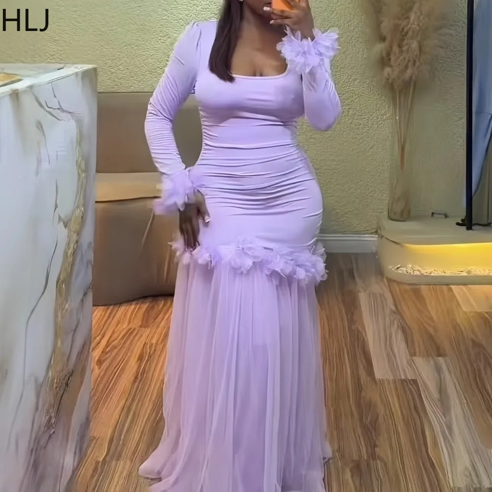 

HLJ Casual Ruched Patchwork Bodycon Dresses for Woman Mesh Solid Color Long Sleeves Dress Female Streetwear Vestidos 2026 New