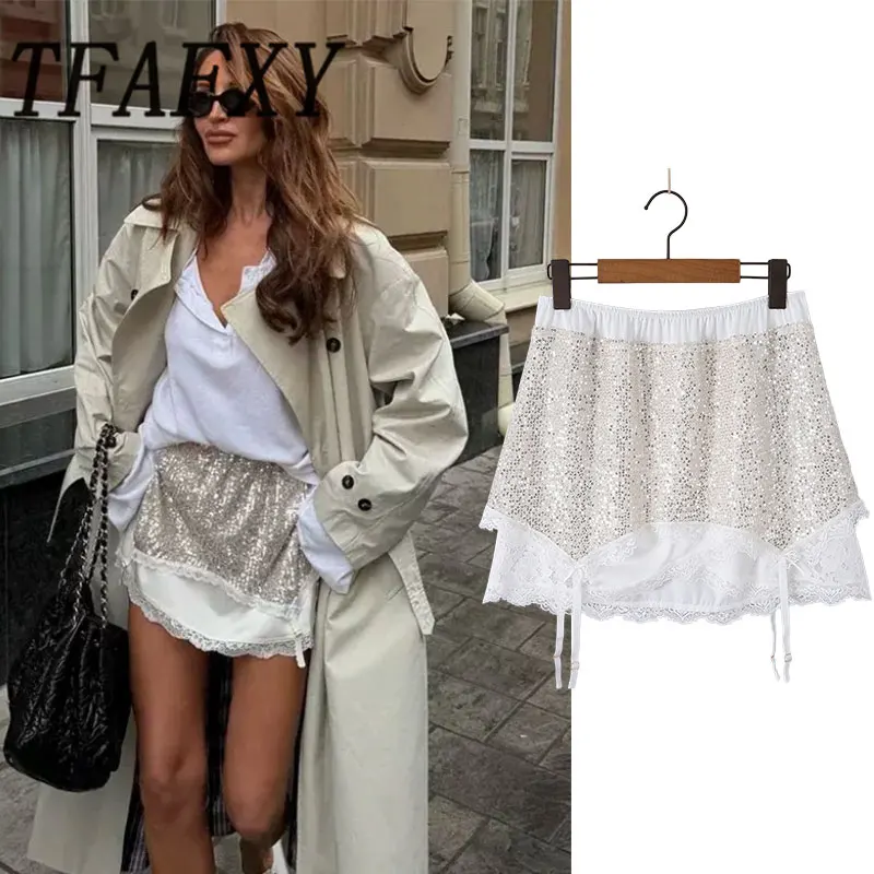 TFAFXY 2026 Summer Sequin Patchwork Skirt Elegant Skirts For Women Sexy Lace Skirt Women's Mini Skirt