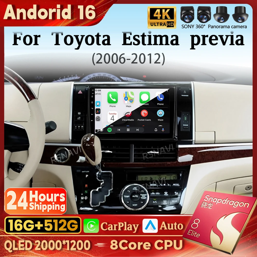 Android 16 Carplay Auto Qualcomm 2K QLED Screen Car Radio Player For Toyota  Estima previa 2006-2012 GPS Wifi BT DSP Stereo DVR