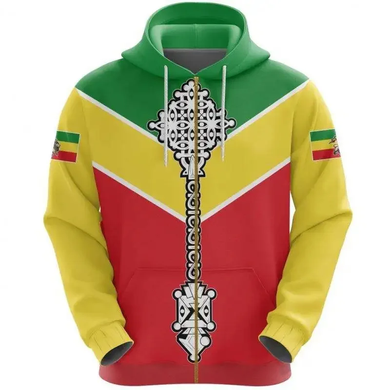 Ethiopia Lion Emblem Graphic Hoodies For Men Zip Up Hoodie Fashion Streetwear Ethiopia Zipper Sweatshirts Mens Hooded Pullovers