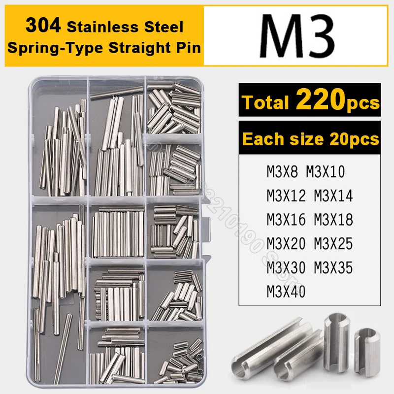 220pcs GB879 M3 Spring-Type Straight Pins Set 304 Stainless Steel Spring Elastic Cylindrical Cotter Pin Dowel Assortment Kit