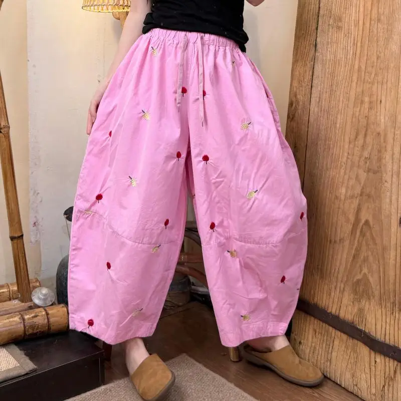 New Summer Arts Style Women Elastic Waist Cotton Wide Leg Pants Fruit Embroidery Loose Casual Ankle-length Pants Good Quality
