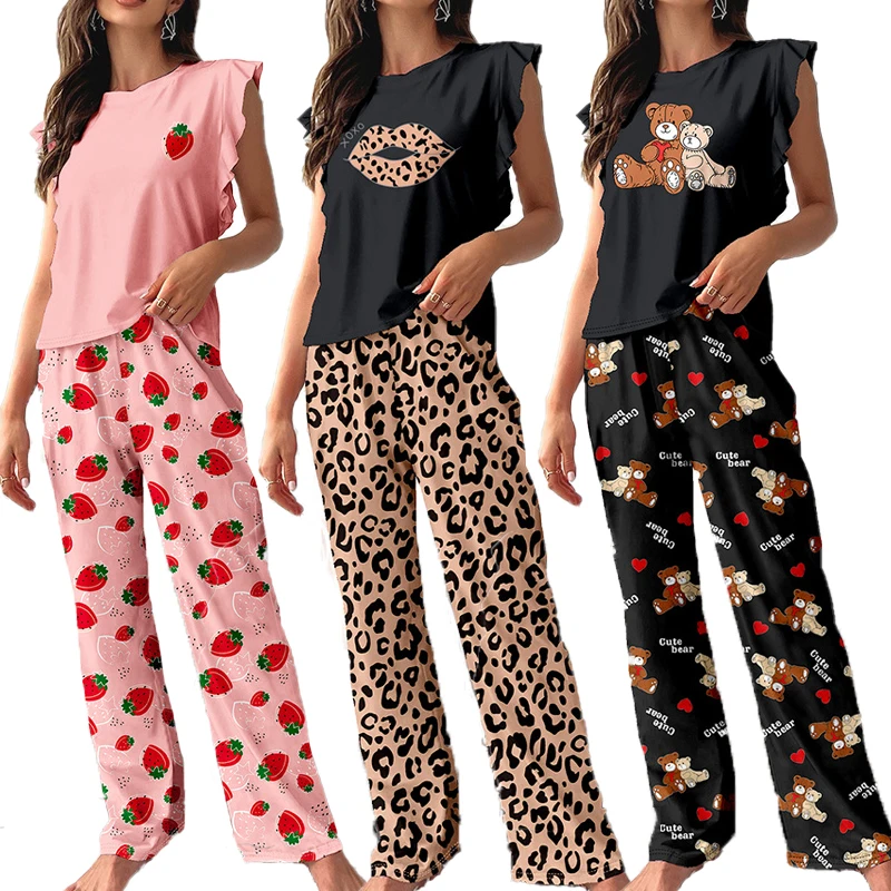 New Faux Cotton Pajamas Set Women Vest Trousers&Flying sleeves Set Round Neck Sleepwear Girls Leopard Print Loungewear Pyjamas