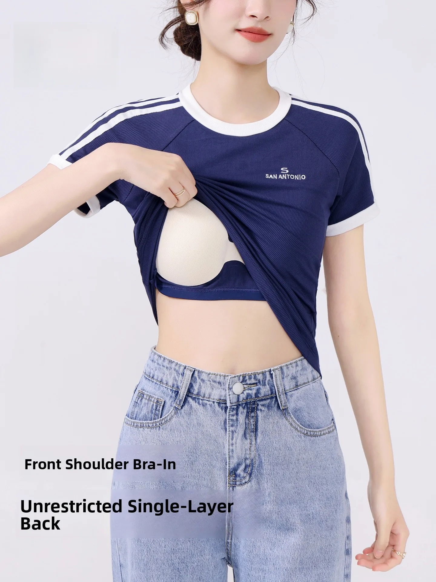 Lacele Semi-Integrated Women's T-Shirt Short Sleeve No Bra Needed Summer Thin Cotton Polyester Blend round Neck Regular Length
