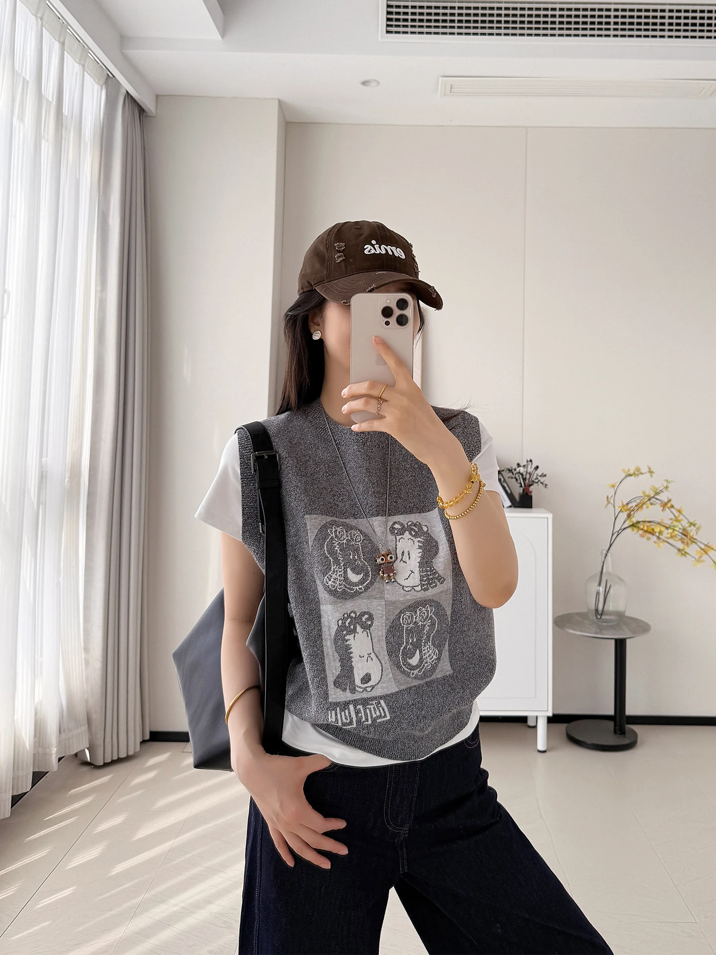 

Lulu Collaborative Pure Cotton Knitted Vest Women's Svel Printed Top ey Casual Sle round Ne H-ape Outerwear