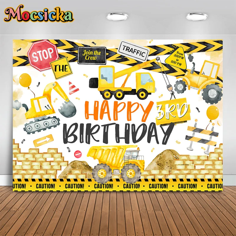 

Mocsicka Boys Happy Birthday Photography Backdrop Digger Construction Background Cake Smash Party Kids Portrait Photo Banner