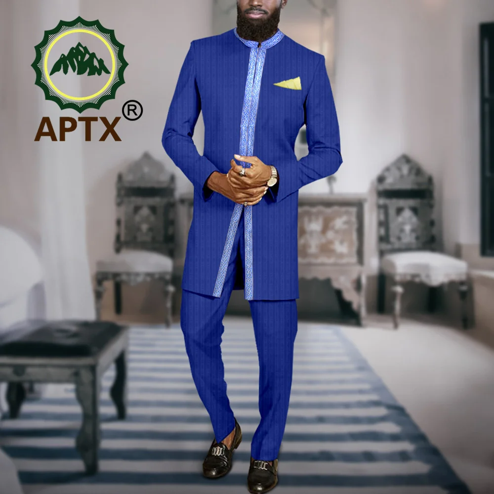 APTX African Clothes for Men Slim Fit Outfits Dashiki Royal Blue Jacket Coat Pants Set Wedding Party Bazin Riche Attire A2316065