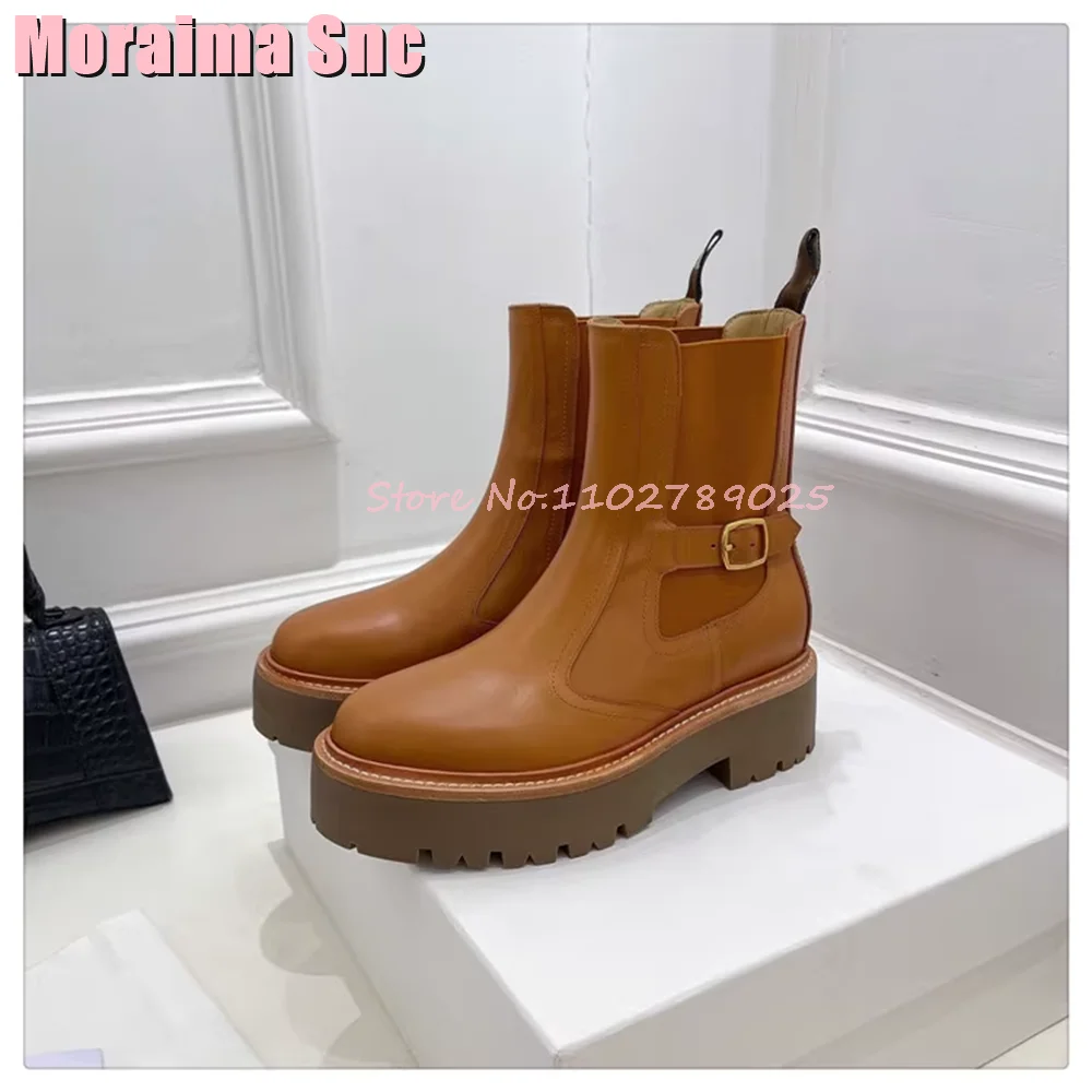 

2024 Genuine Leather Belt Buckle Ankle Boots Thick Bottom Round Toe Slip On Block Mid Heel Fashion Women Booties Autumn Winter
