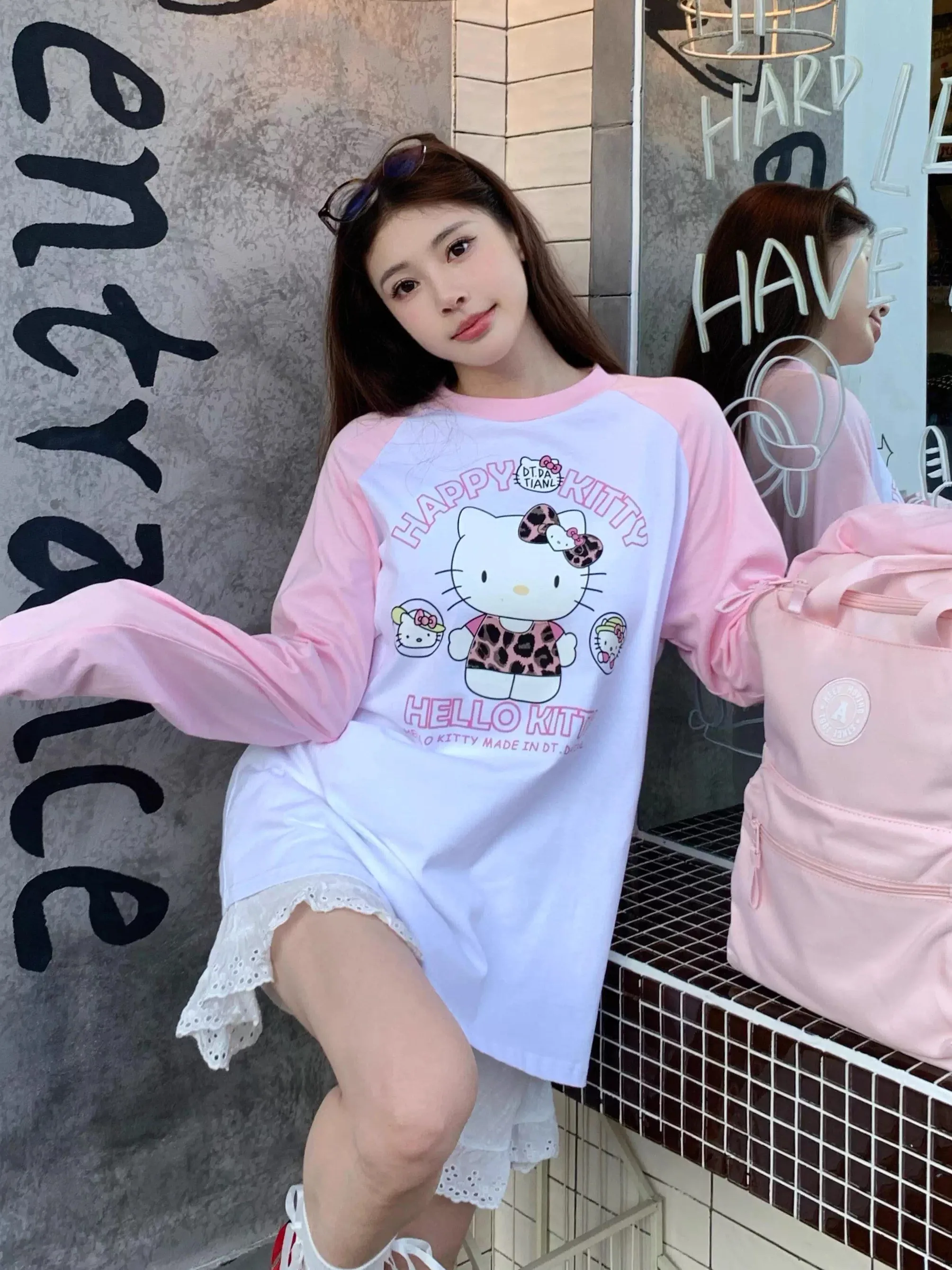 Dongjin Hot Korean Sle Leopard Print Kit Cartoon Rosa Lange Sve Lose Casual T-shirt frauen Lose Fit Baumwolle T