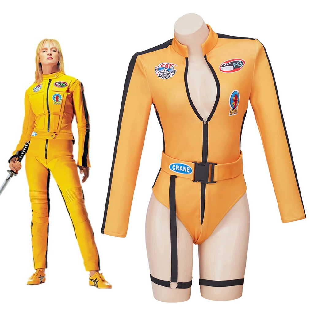 Kill Bill The Bride Cosplay Costume Beatrix Kiddo Sexy Yellow Bodysuit Full Set For Women Halloween Carnival Party Clothing