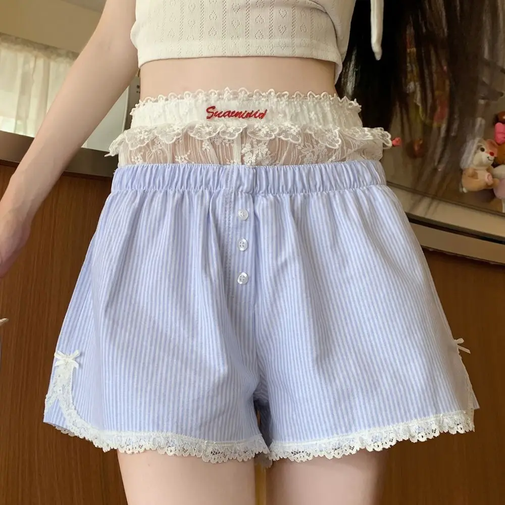 Cute Summer Striped Shorts Blue Pink Lolita Elastic Waist Shorts Button Embroidered Lace Shorts For Women Girl