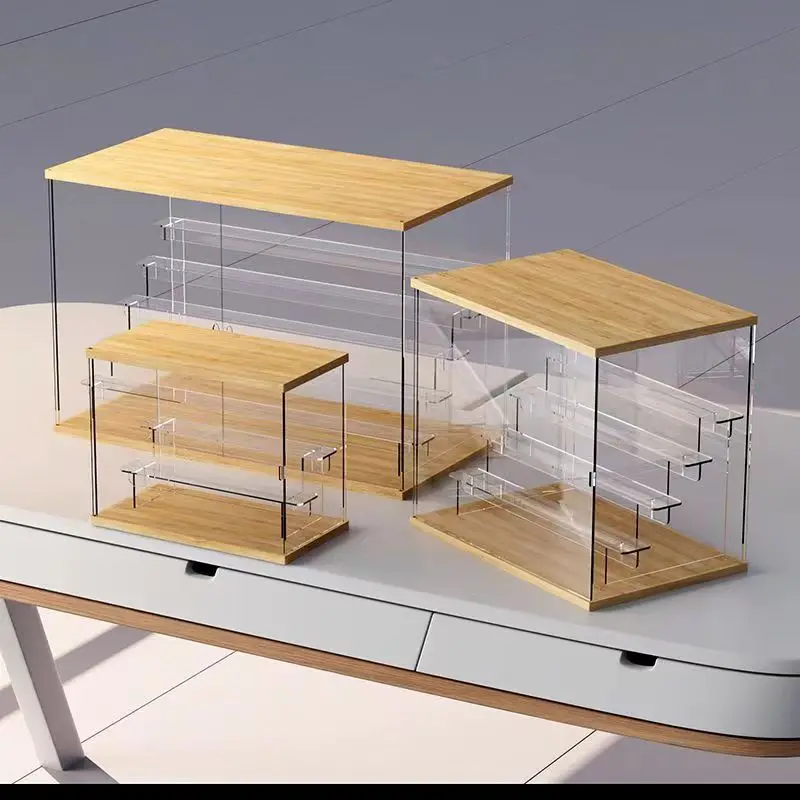 Transparent Acrylic Ladder Display Box Solid Wood Dustproof Storage Box For Blind Box Toys, Car Models Storage and Display