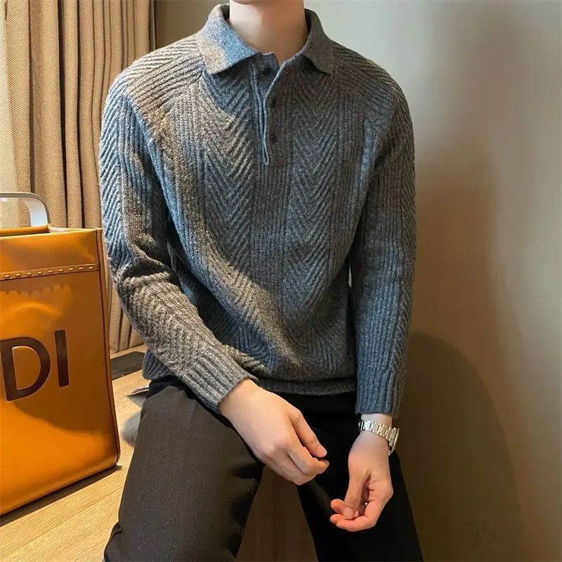 Japanese Style Vintage Autumn Winter New Sweaters Men\'s Lapel Button Jacquard Weave Fashion Long Sleeve Pullovers Knitted Tops