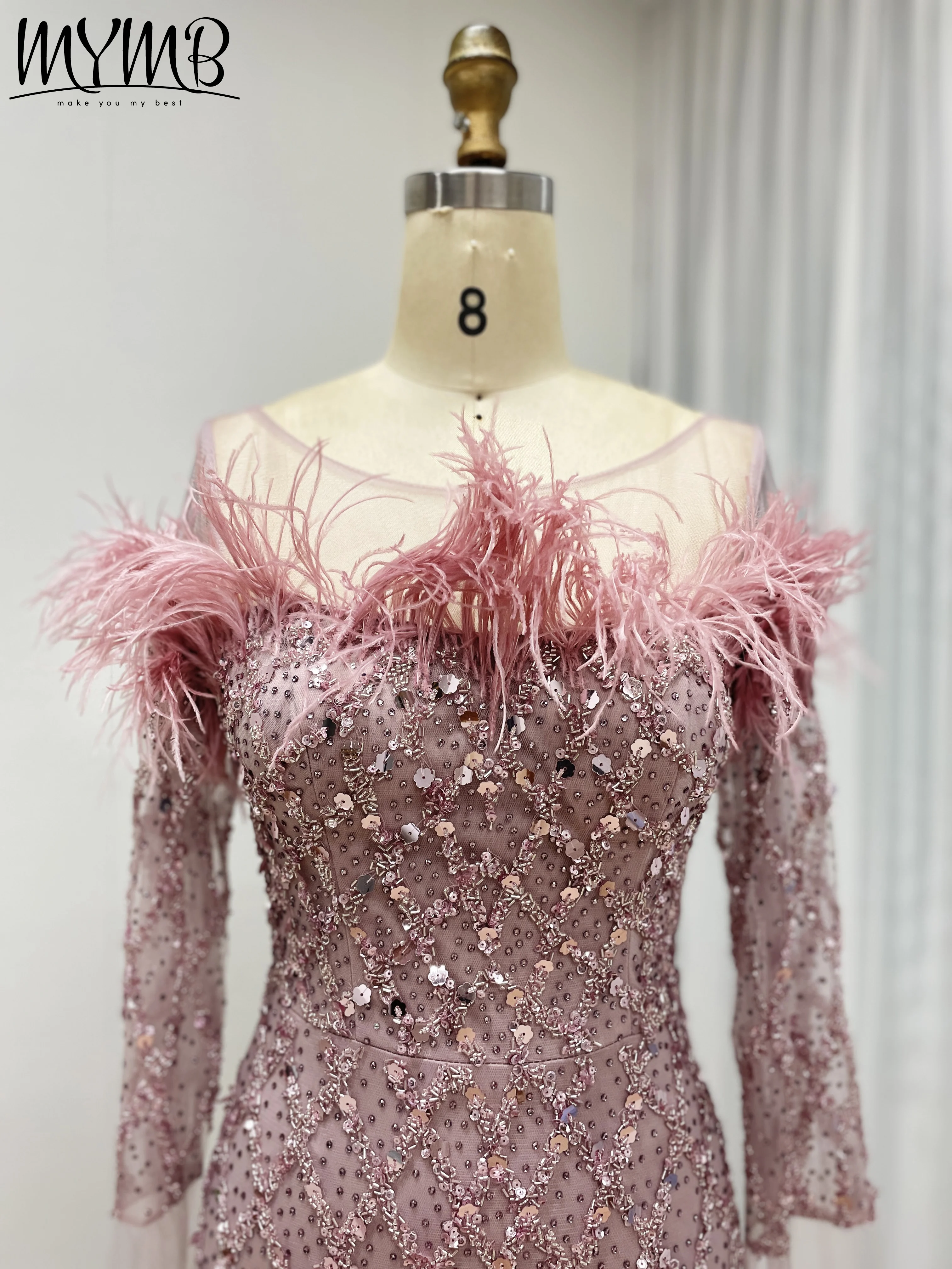 MYMB lujo Rosa caramelo pluma con cuentas capa sirena vestidos de noche vestidos para mujeres elegante boda Formal fiesta nuevo MB40392