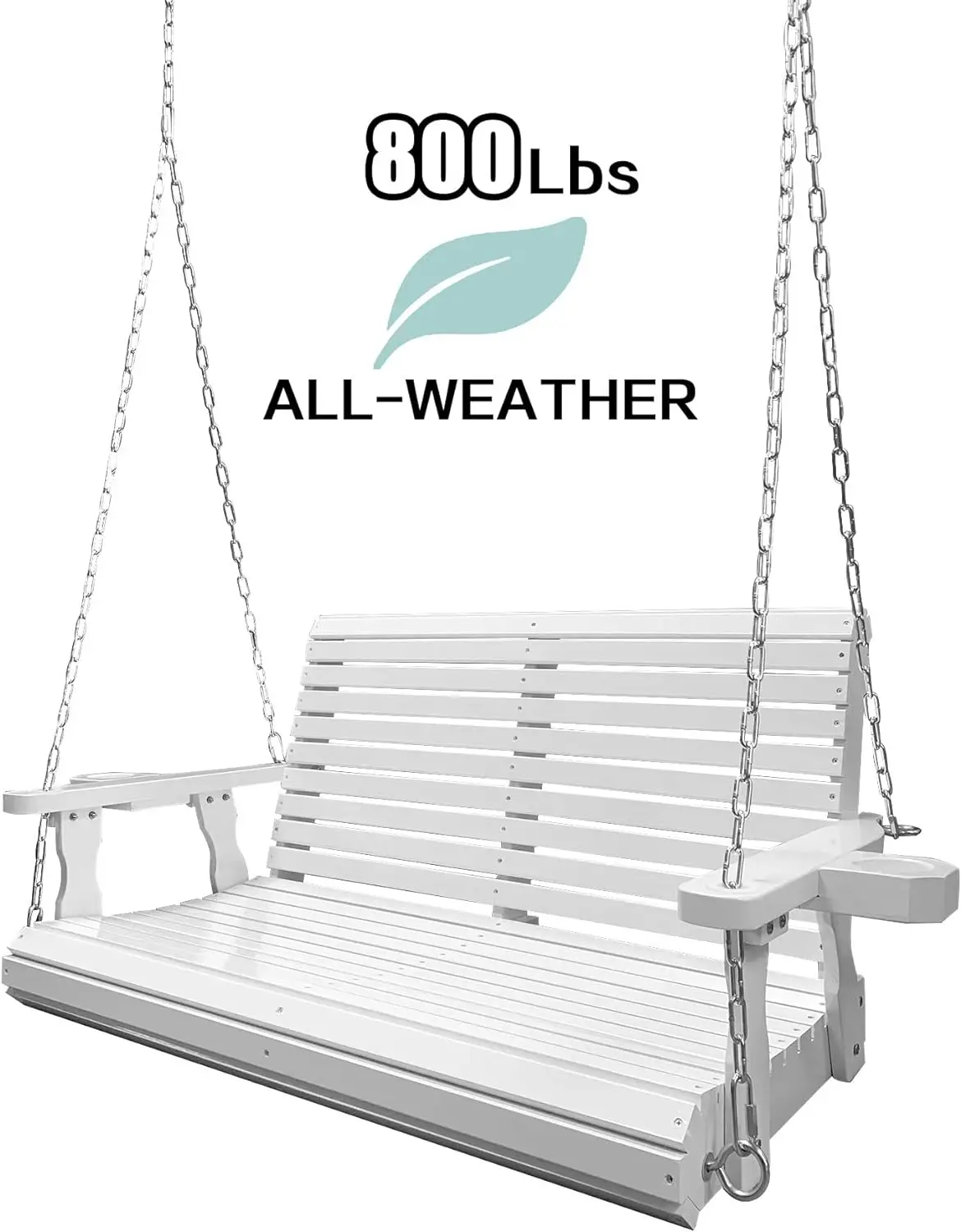 Swing 2-Seater, Bench Swing with Cupholders, Hanging Chains，Heavy Duty 800 LBS, for Outdoor Patio Garden Yard (White)