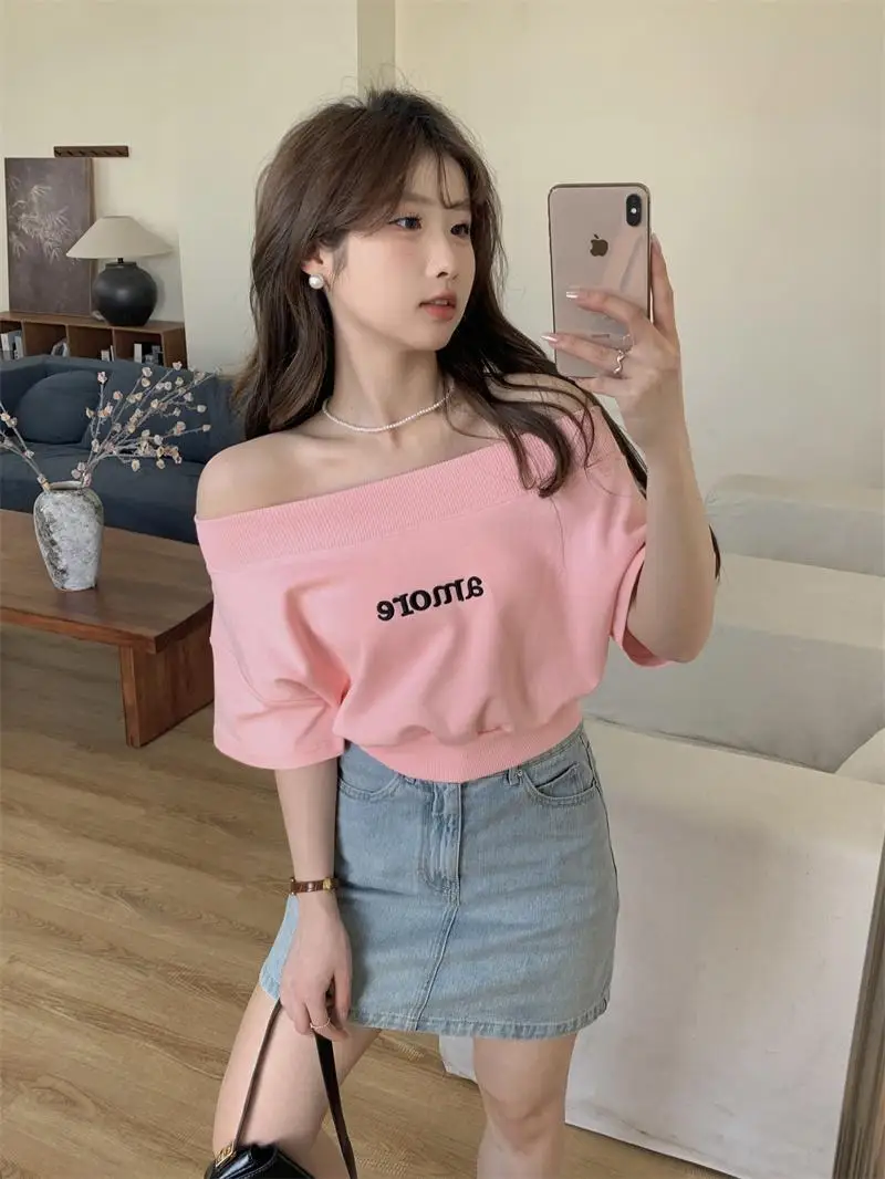 Off The Shoulder T-shirts Women Letter Printed Slash Neck Short Sleeve Korean Fashion Leisure Hot Girls Students K-pop Crop Tops