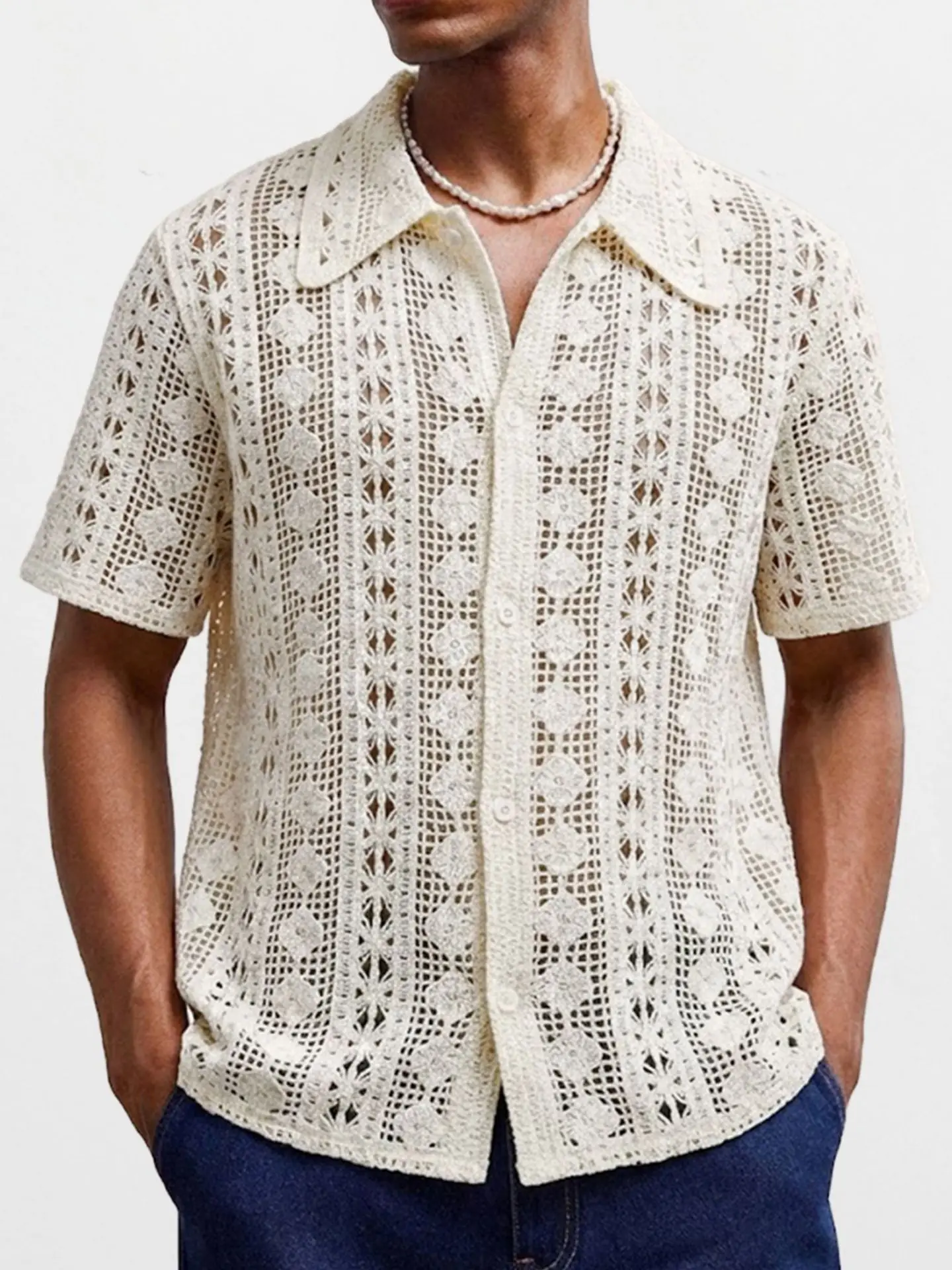 

Мужской ажурный вязаный кардиган с коротким рукавом, прямого кроя, с ярким цветочным узором, акриловый, повседневный, для ношения под одеждой