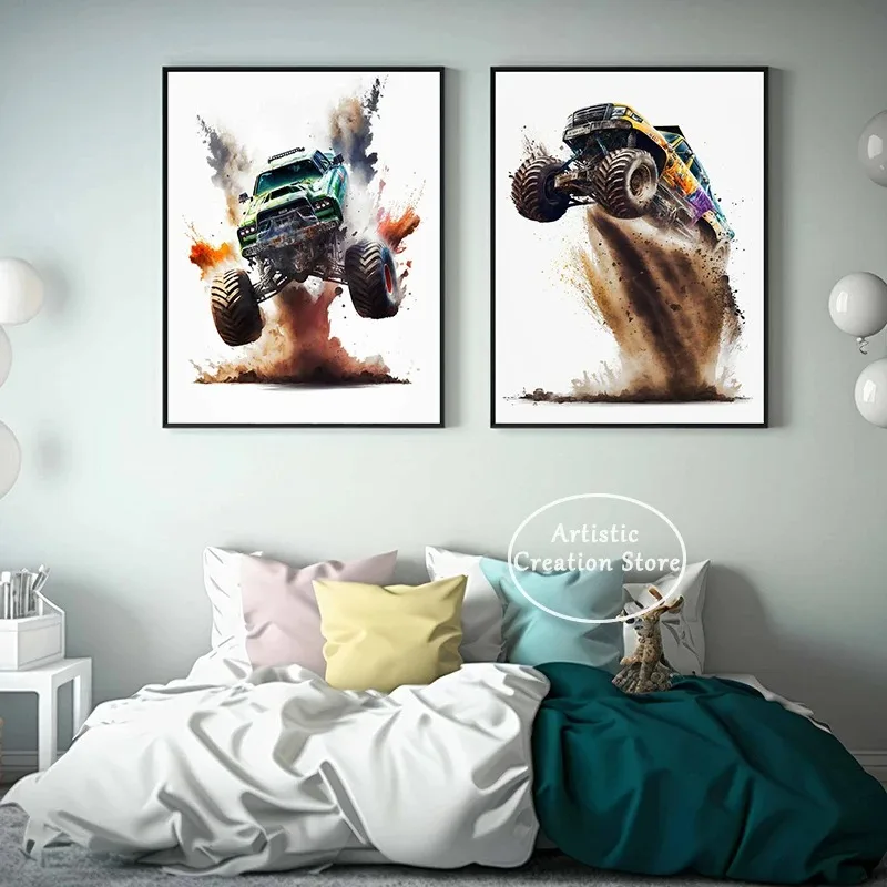 Watercolor Monster Truck Posters Canvas Painting Wall Art Pictures for Living Room Children\'s Home Decor Boys Gifts