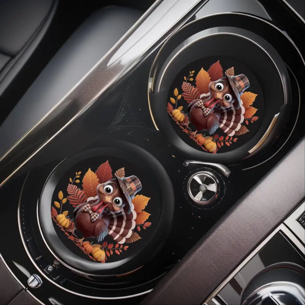 Thanksgiving Turkey Car Cup Holder Coasters 2pcs Non-Slip Rubber Drink Mats For Vehicle Interiors