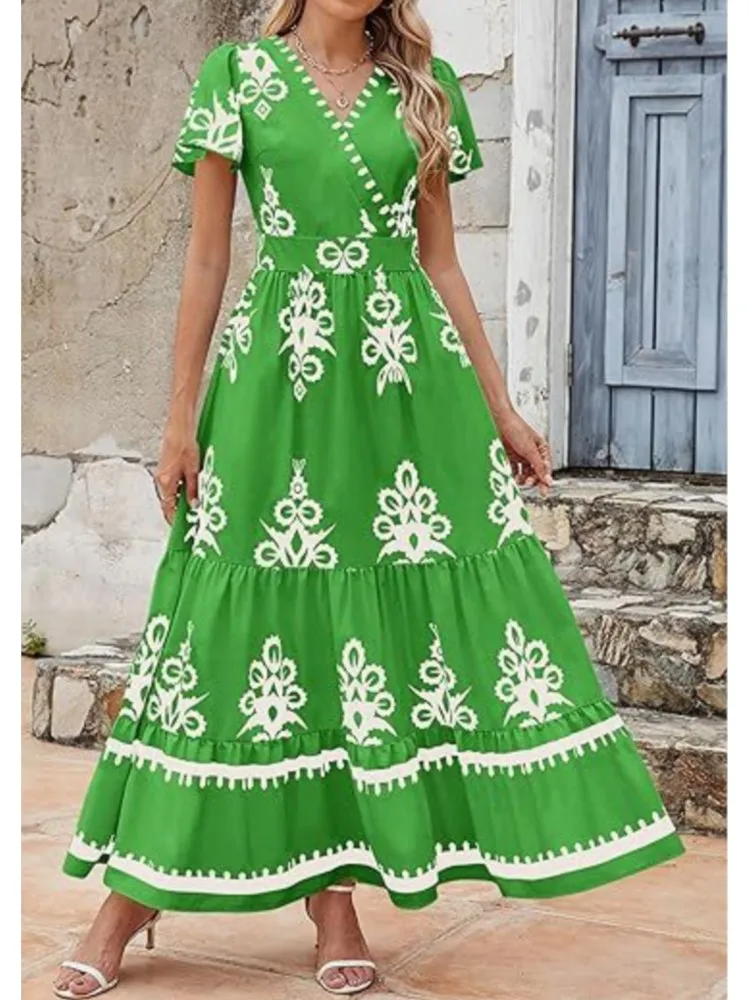 Casual Boho Print Dress For Women Fashion Short Sleeve V Neck High Waist Loose Dresses Robe Femme Holiday Beach Skirt Summer New