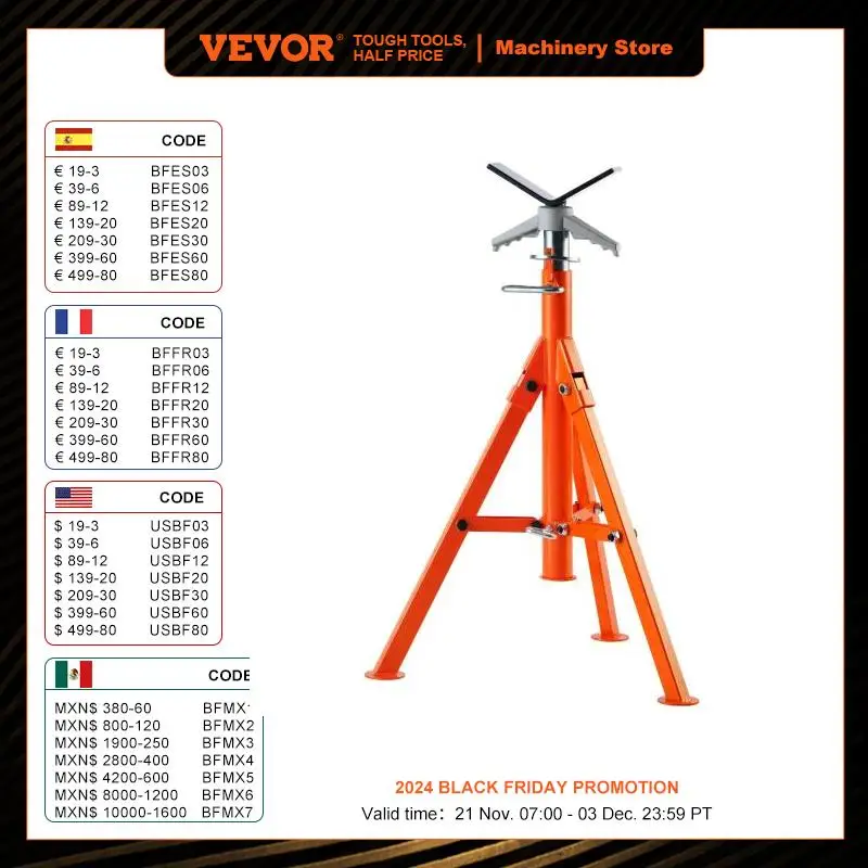 VEVOR Pipe Stand 2500LBS Heavy Duty Pipe Jack Stands 27.2-52 Height Adjustable V Head Pipe Stand Steel Folding Jack Stand