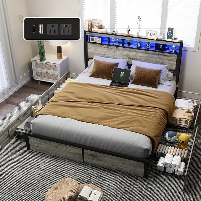 

Bed Frame with 4 Storage Drawers and Headboard with Charging Station and LED Lights 2 Tier Solid Wood Headboard Storage/Noise Fr