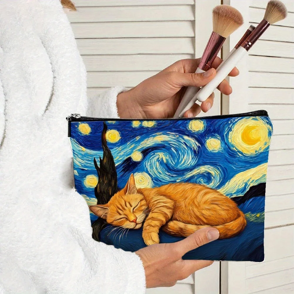 حقيبة مكياج مطبوعة على شكل قطة مرصعة بالنجوم - حقيبة نسائية لطيفة متعددة الوظائف بسحاب، حقيبة تخزين المجوهرات