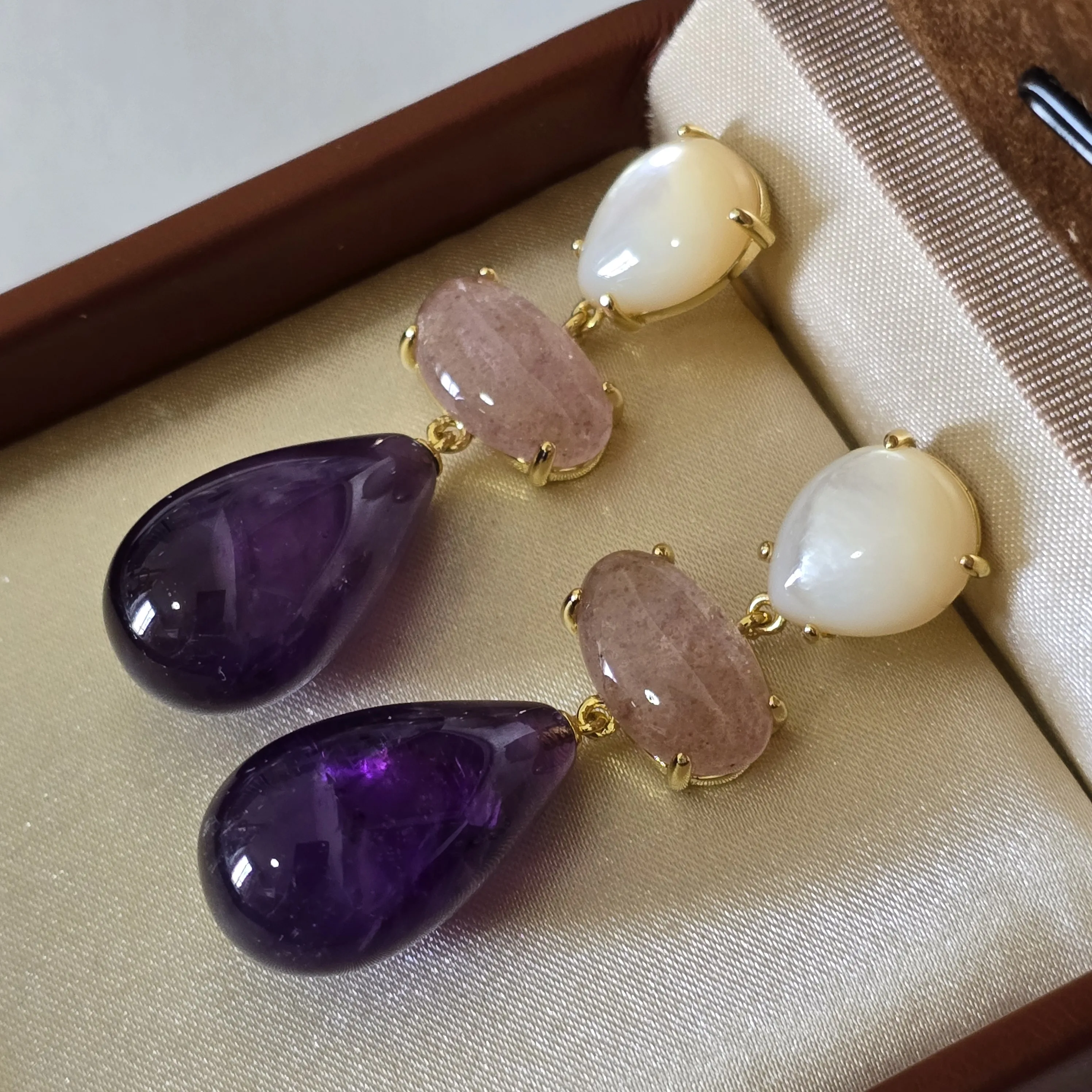 KQDANCE Long Large White Shell Pearl Tear Drop Purple Amethyst Pink Rose Quartz  Stone Earrings with 925 Silver Needle Jewelry