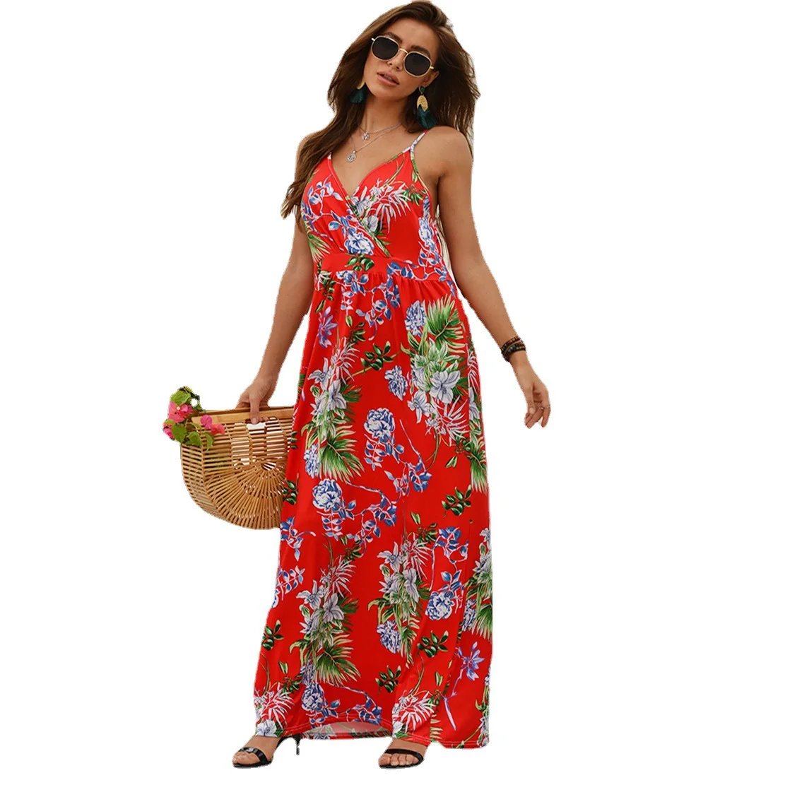 

Summer Floarl Print Maxi Dress Women Beach High Waist V-Neck Open Back Sleeveless Sling Boho Dresses Casual Halter Robe Vestido