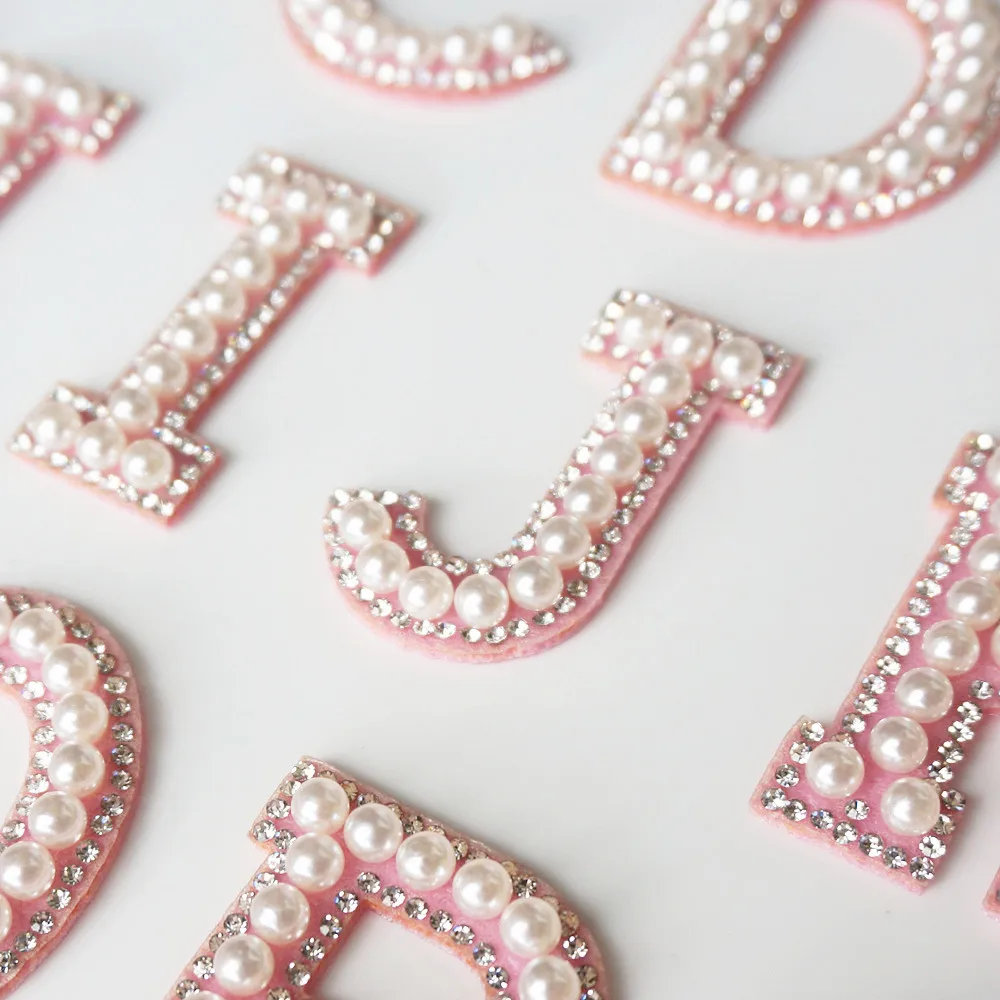 Pink A-Z Rhinestone Pearl English Letter Alphabet Iron Sew On Patch Badge 3D Handmade Patches Bag Hat Jeans Clothes Applique DIY