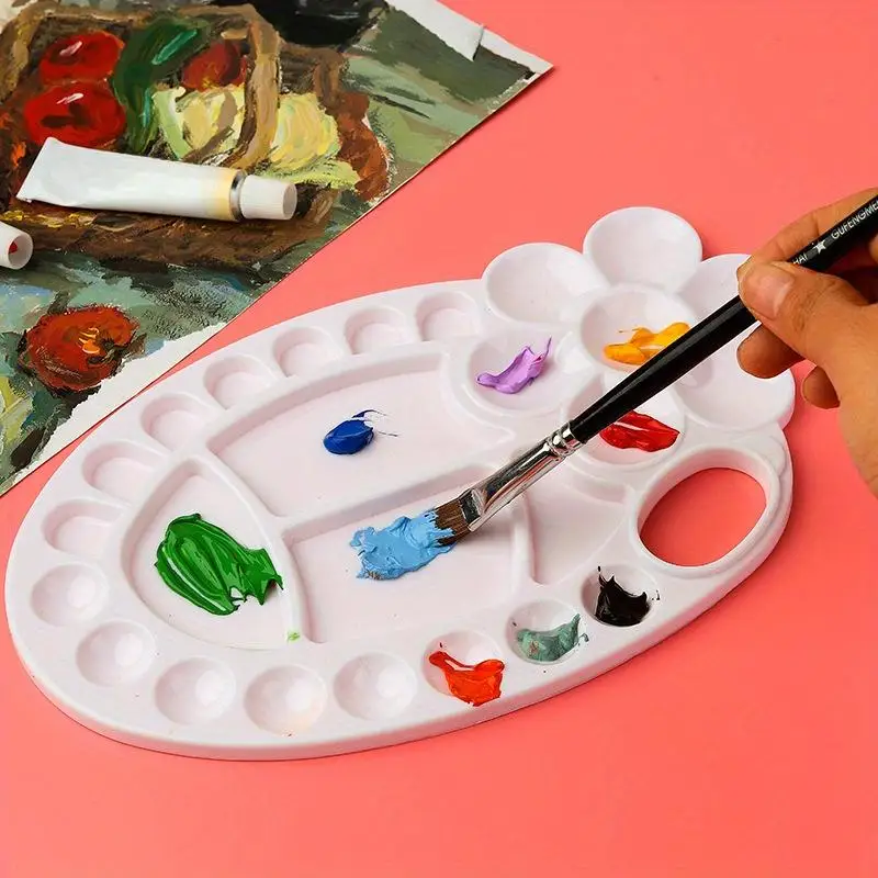 5Pcs Durable Plastic Oval Paint Palette with Thumb Holes Multicolor Mixing Area for Adults Art Craft Classes White