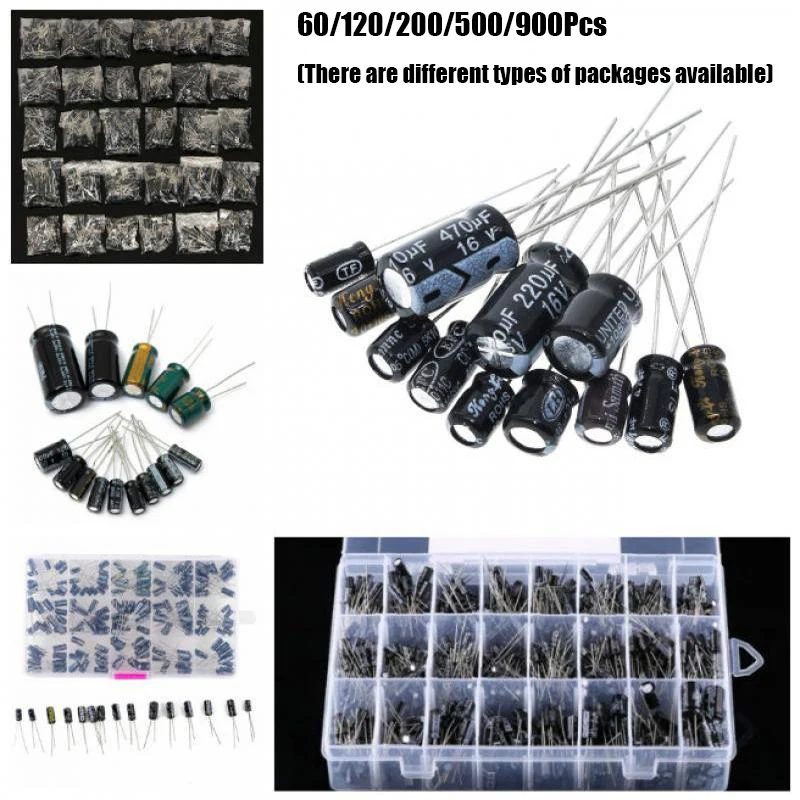 

60/120/200/500/900 Pcs Aluminum Electrolytic Capacitors Mix Electrolytic capacitor kit storage bags and boxs Optional