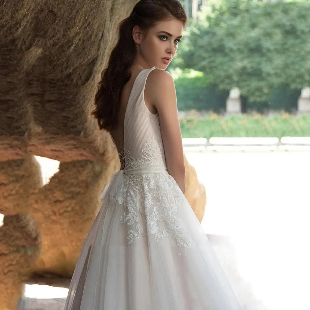 المشاهير ألف خط فساتين زفاف النساء مثير الخامس الرقبة بلا أكمام فساتين حفلات رسمية الدانتيل زين الكرة Vestidos De Novia مخصصة