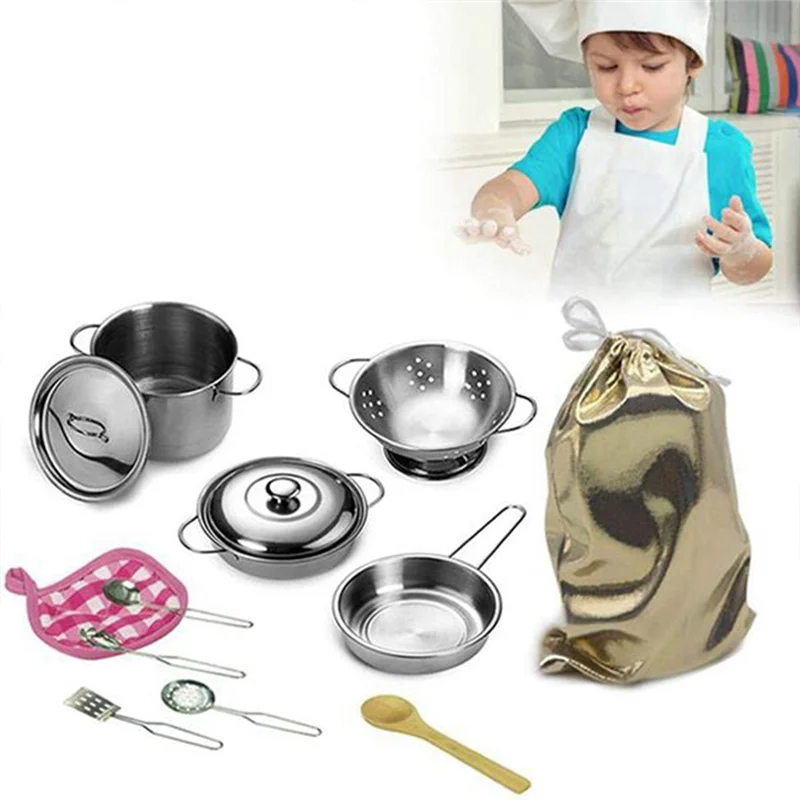 12 Pieces Pots and Pans Toys Simulation Stainless Steel Toys Play Pots and Pans Toy Set Kitchen Play Set for Children