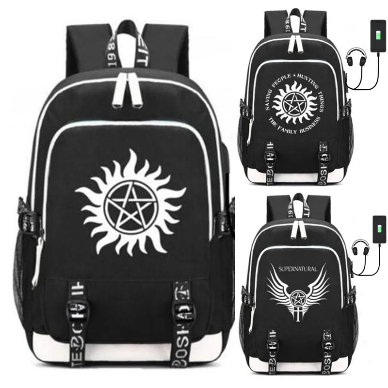 Supernatural SPN Rucksack Backpack Fans Bag W/ USB Fashion Port / Lock /Headphone Travel Laptop Student School Bags Gifts