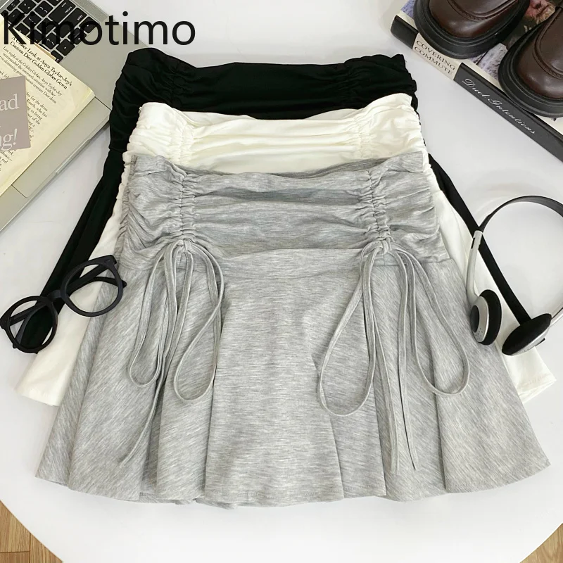 

Kimotimo Y2k Skirt Women Vintage High Waist Folds Drawstring Lace Up A-line Mini Skirts Solid Versatile Spicy Girls Faldas 2025