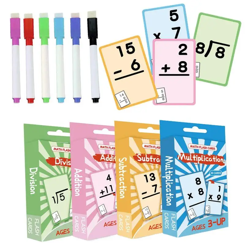 Math Flash Cards 144X Math Facts Flash Cards Colorful Elementary Math Game Rewritable Mathematics Study Cards for Kids Boys