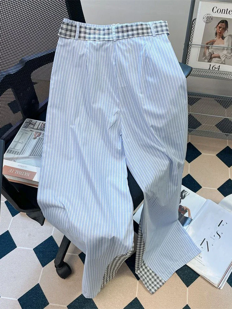 Jmprs سروال مخطط مرقع للنساء حزام كوري عالي الخصر بنطلون مستقيم غير رسمي فضفاض أنيق أنثى موضة بنطال ذو قصة أرجل واسعة #6