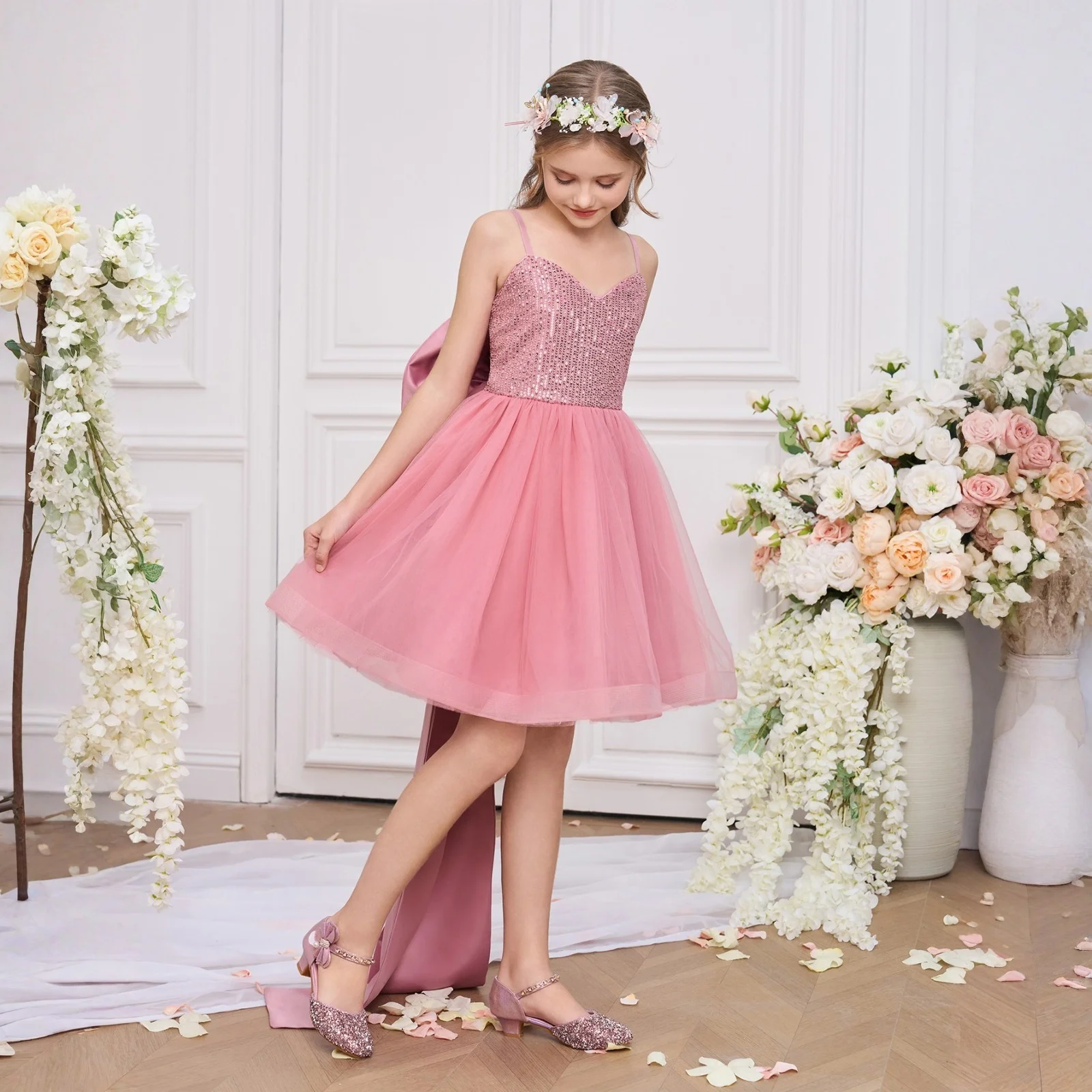 

Элегантное праздничное платье с блестками для девочек, модное свадебное платье подружки невесты, выпускное вечернее платье для выпускного вечера, кружевное платье с бантом на день рождения, костюм принцессы для девочек