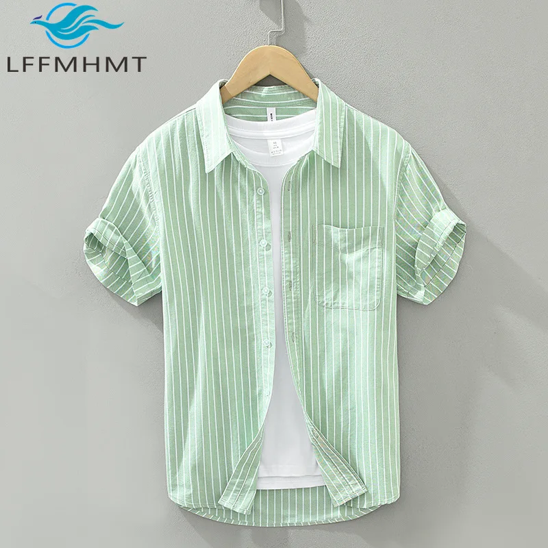 

8847 Japan Style Summer Fashion Short-sleeved Shirt Men's Loose Casual Striped Tops 100% Cotton Good Quality Relax Fit Blouses